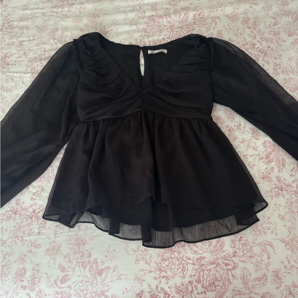 Sheer V-Neck Long Sleeved Black Women's Top